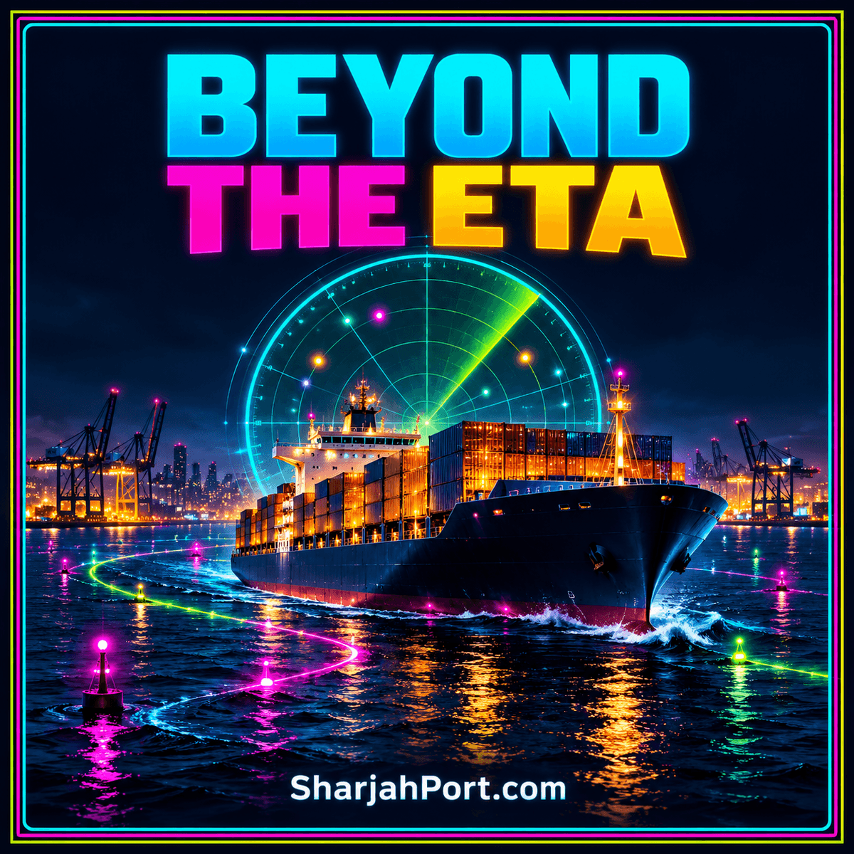 Beyond the ETA: a neon cargo ship and radar illustration in a multicolor pinstripe frame.