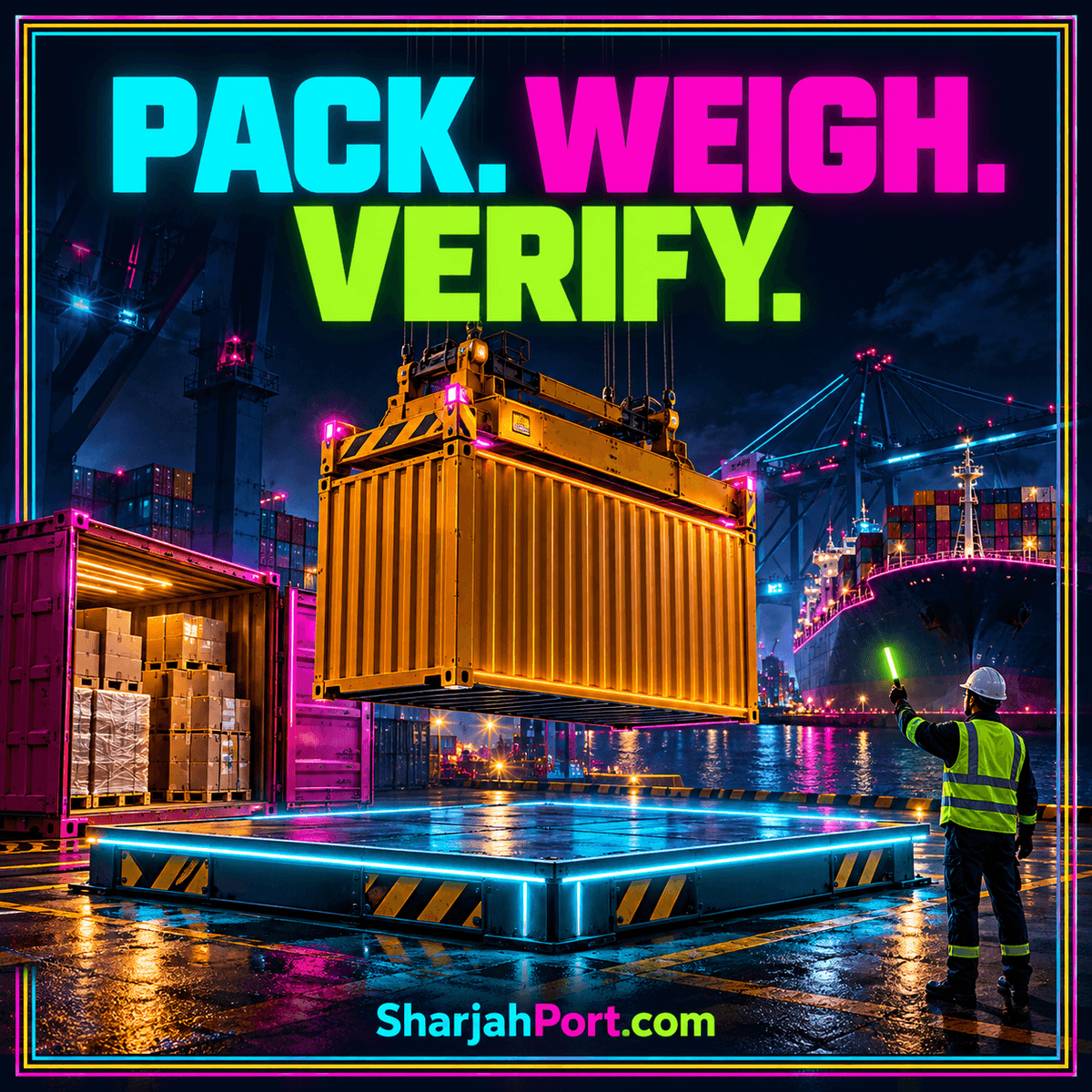 Pack, weigh, verify: an illustrated container and weighing platform framed in bright neon pinstripes.