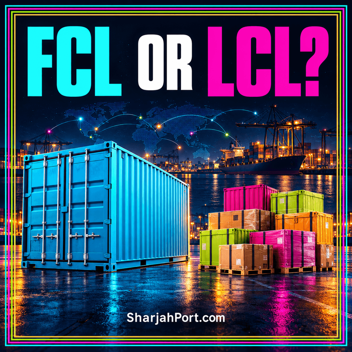 FCL or LCL: a full container and grouped packages on a bold SharjahPort.com freight card.