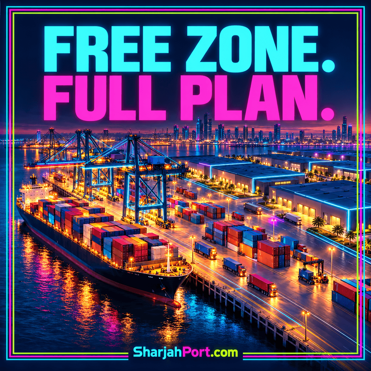 Free zone, full plan: a neon harbor and warehouse illustration within a multicolor border.