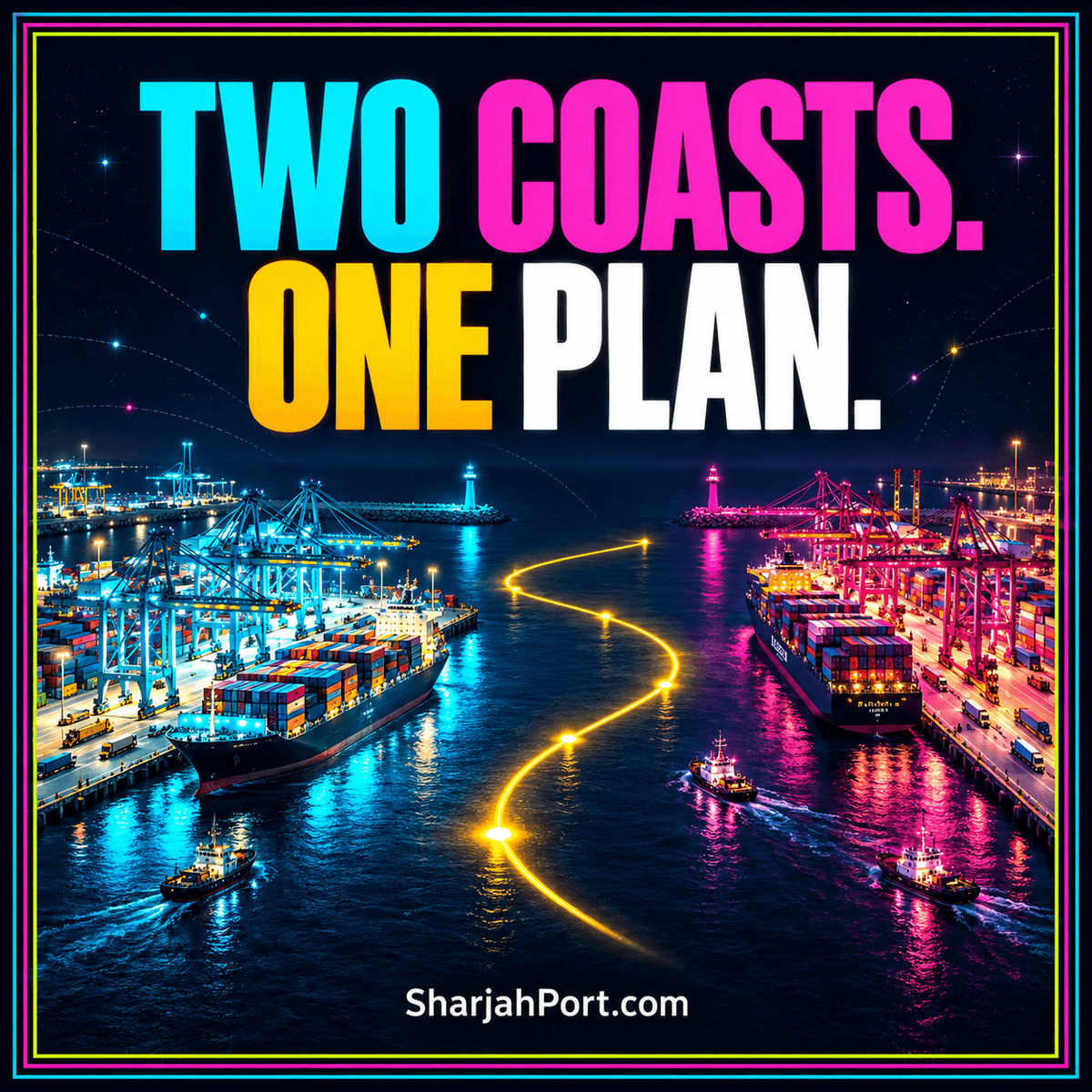 Two coasts, one plan: contrasting neon harbors illustrate a route comparison for SharjahPort.com.