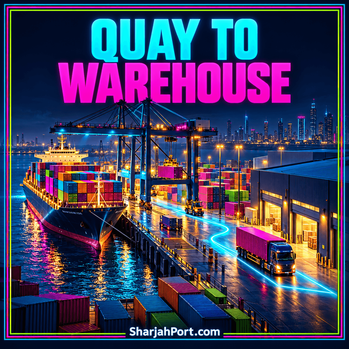 Quay to warehouse: a neon cargo ship and truck illustrate the sea-to-road handoff.