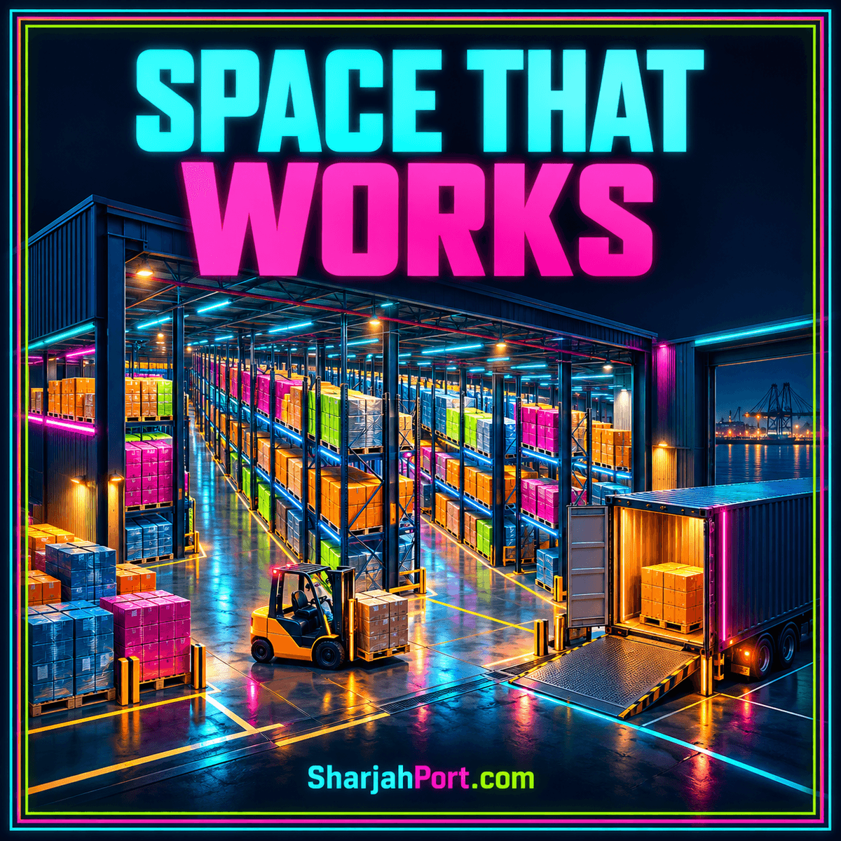 Space that works: neon warehouse racks on a SharjahPort.com planning card.
