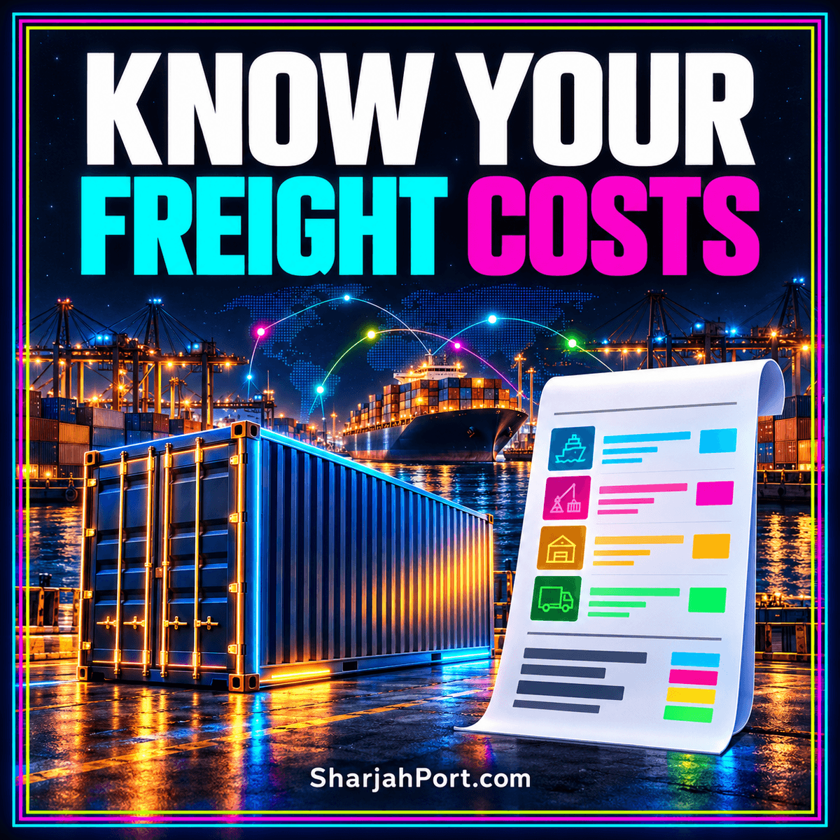 Know your freight costs: a neon cargo container and bill illustration with SharjahPort.com branding.