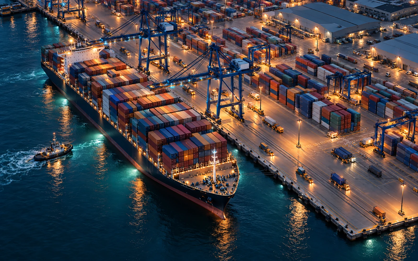 Cinematic illustration of a cargo ship, container yards and gantry cranes at a UAE-style industrial harbor.