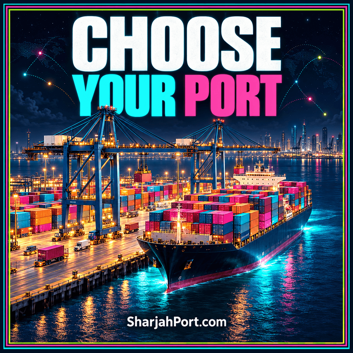 Choose your port: neon cargo-harbor illustration in a multicolor pinstripe frame, branded SharjahPort.com.