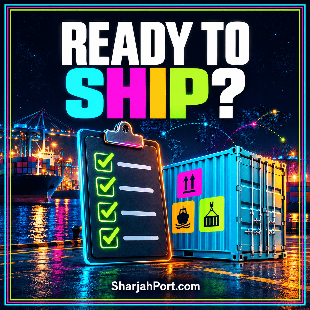 Ready to ship: an illustrated cargo container and shipment checklist framed in neon pinstripes.